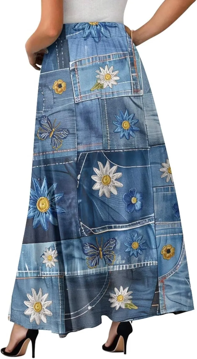 Women's Novelty Skirts Elastic High Waist Pleated A-Line Maxi Skirts Womens Flowy Long Skirts Plus Size S-XXL