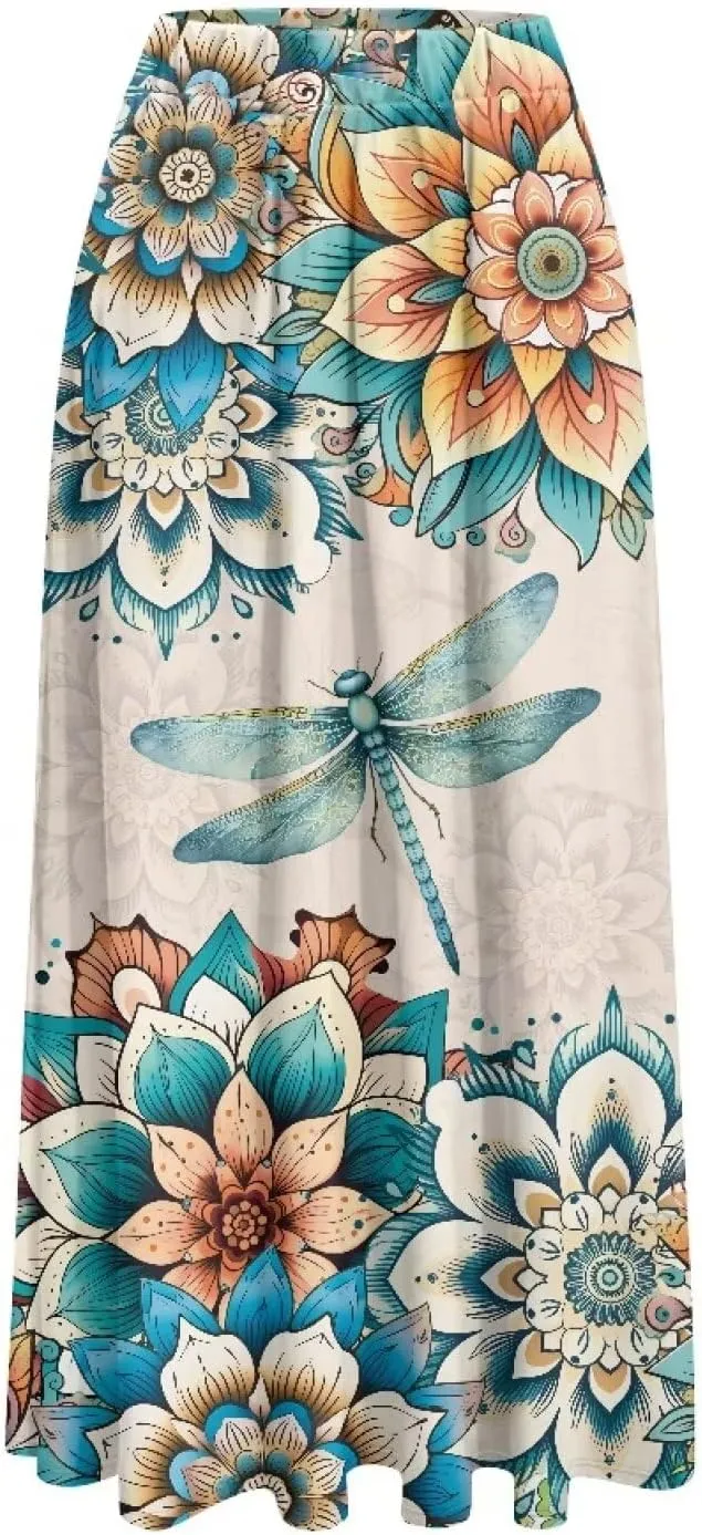 Women's Novelty Skirts Elastic High Waist Pleated A-Line Maxi Skirts Womens Flowy Long Skirts Plus Size S-XXL