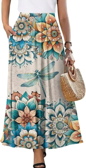 Women's Novelty Skirts Elastic High Waist Pleated A-Line Maxi Skirts Womens Flowy Long Skirts Plus Size S-XXL
