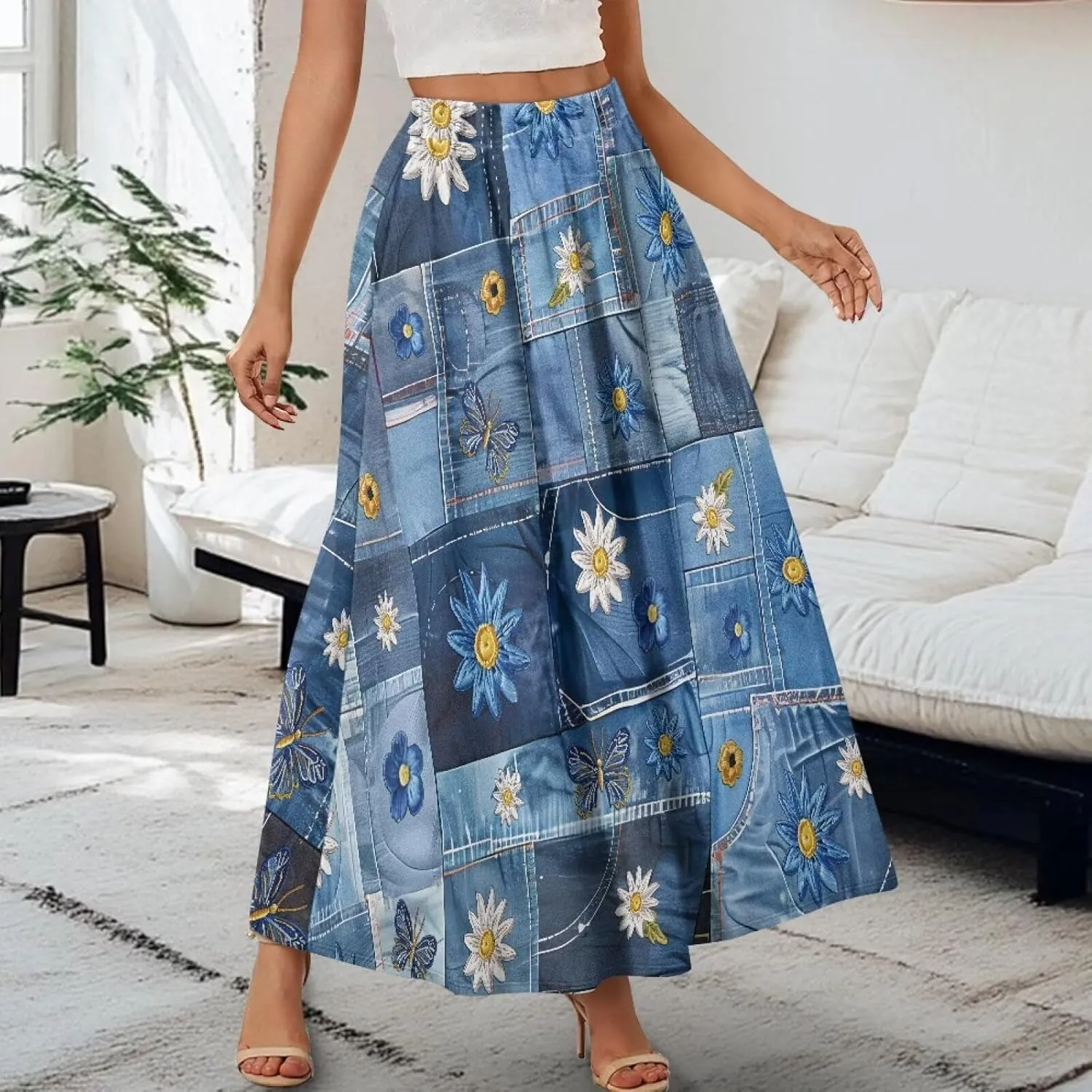 Women's Novelty Skirts Elastic High Waist Pleated A-Line Maxi Skirts Womens Flowy Long Skirts Plus Size S-XXL