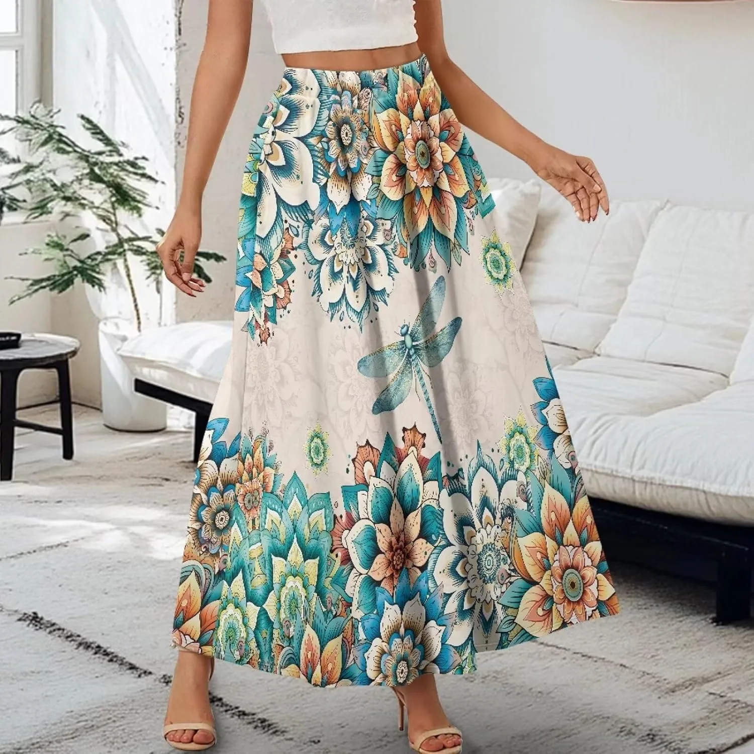 Women's Novelty Skirts Elastic High Waist Pleated A-Line Maxi Skirts Womens Flowy Long Skirts Plus Size S-XXL