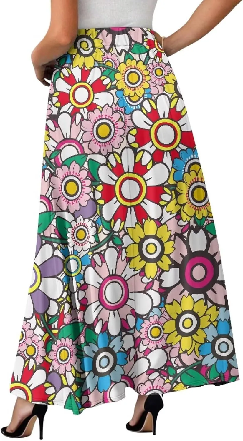 Women's Novelty Skirts Elastic High Waist Pleated A-Line Maxi Skirts Womens Flowy Long Skirts Plus Size S-XXL