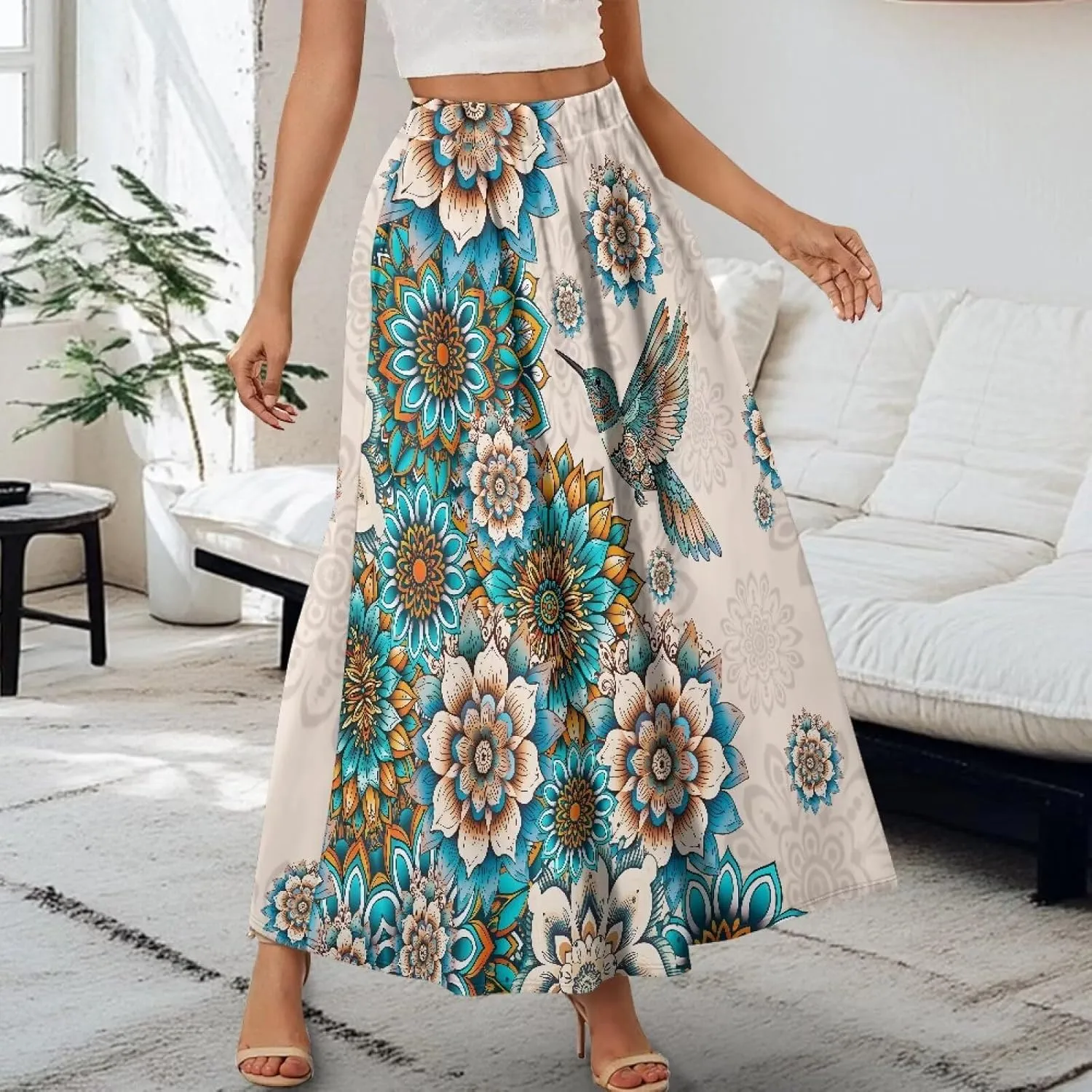Women's Novelty Skirts Elastic High Waist Pleated A-Line Maxi Skirts Womens Flowy Long Skirts Plus Size S-XXL