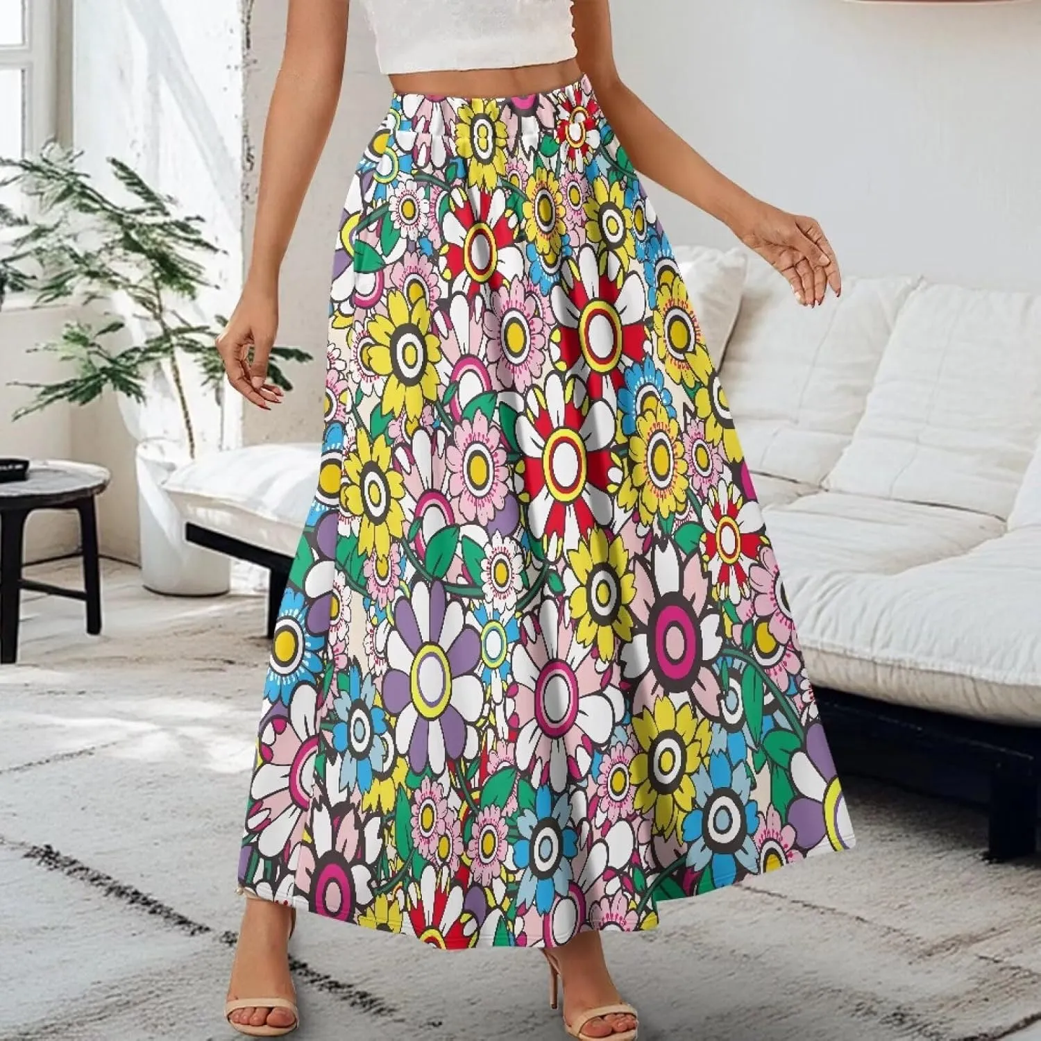 Women's Novelty Skirts Elastic High Waist Pleated A-Line Maxi Skirts Womens Flowy Long Skirts Plus Size S-XXL