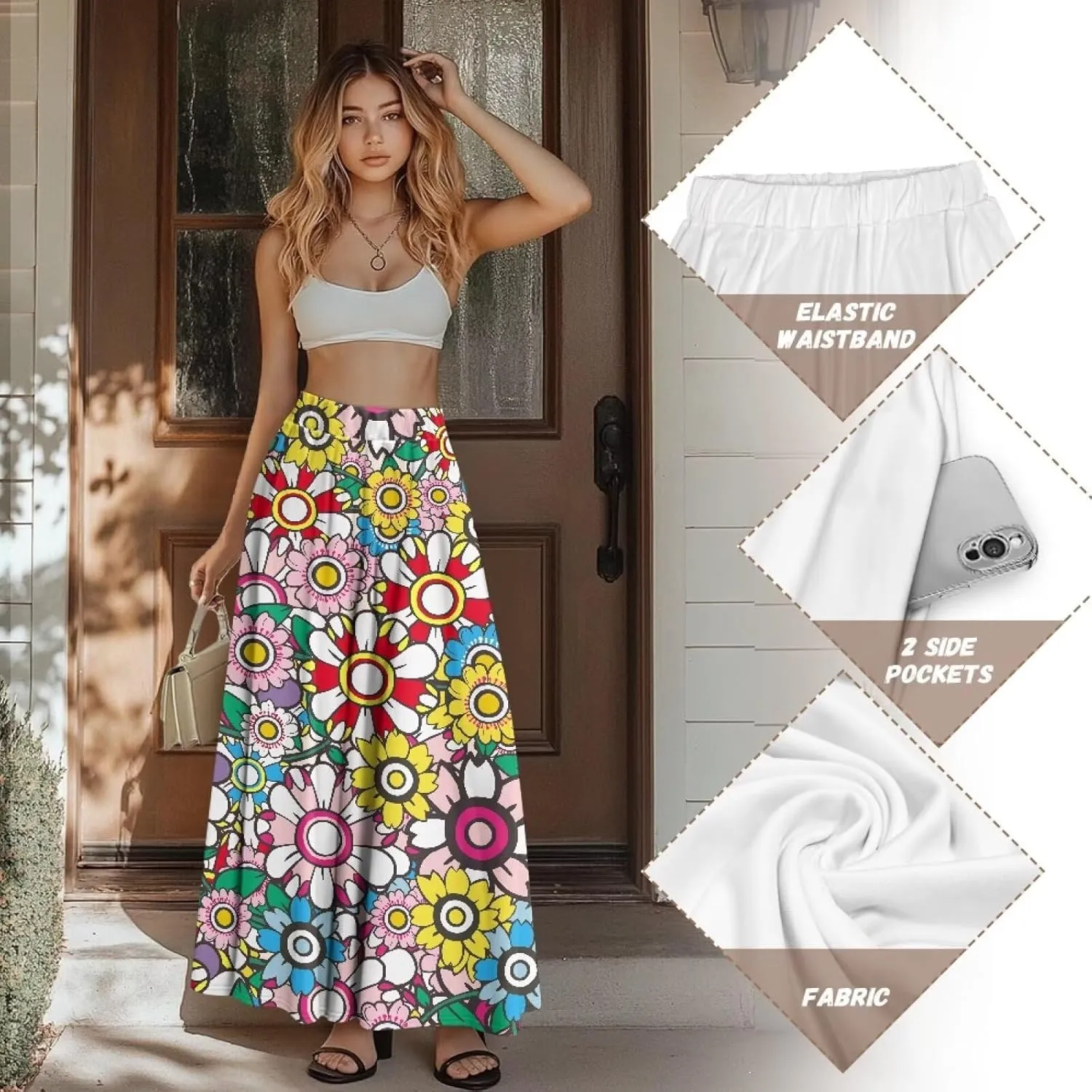 Women's Novelty Skirts Elastic High Waist Pleated A-Line Maxi Skirts Womens Flowy Long Skirts Plus Size S-XXL