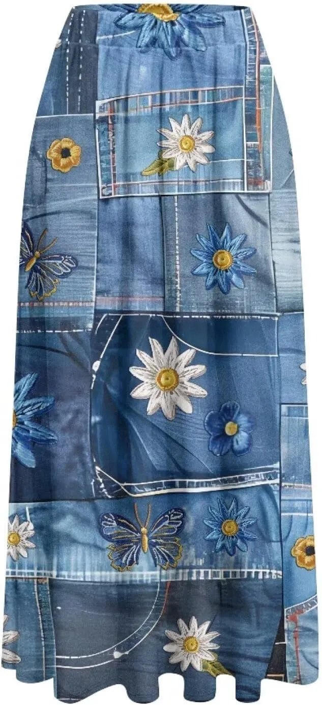 Women's Novelty Skirts Elastic High Waist Pleated A-Line Maxi Skirts Womens Flowy Long Skirts Plus Size S-XXL