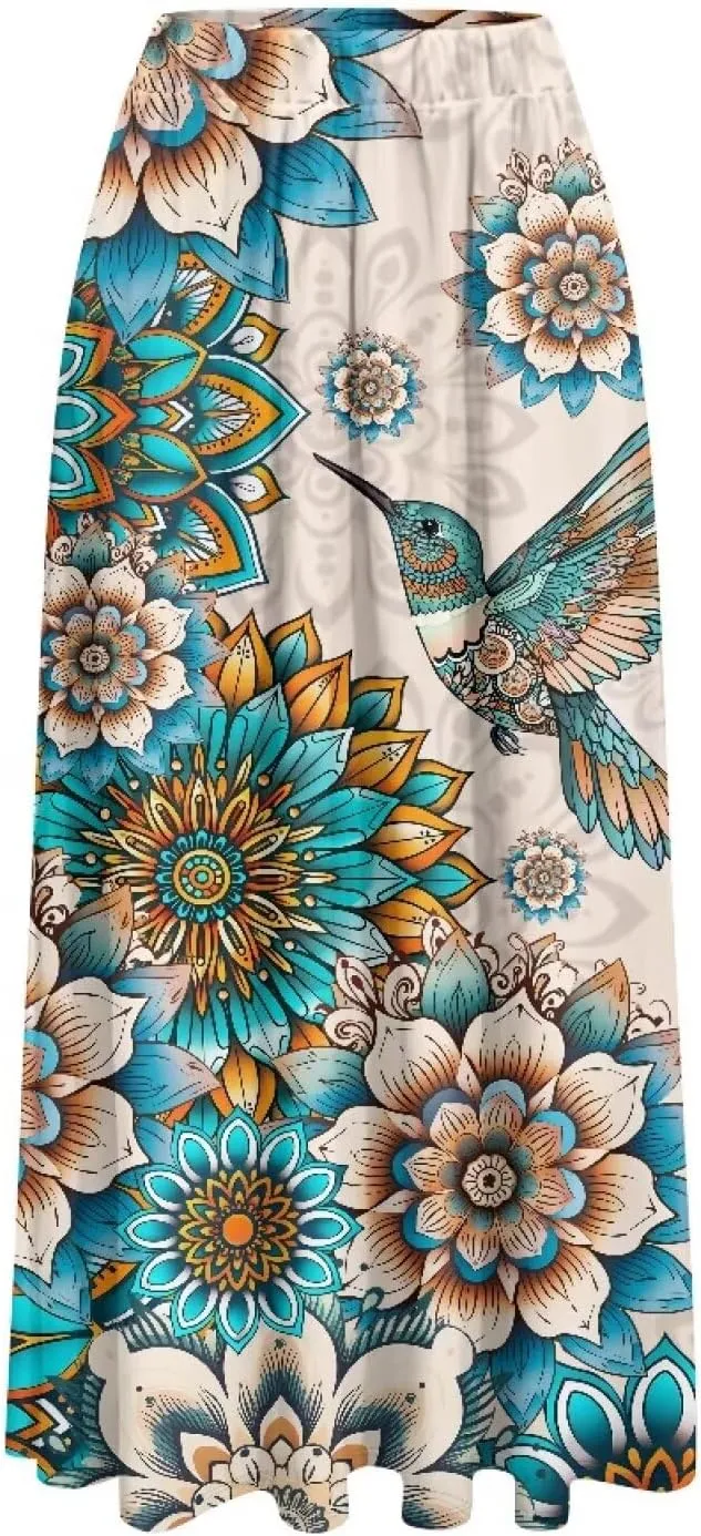 Women's Novelty Skirts Elastic High Waist Pleated A-Line Maxi Skirts Womens Flowy Long Skirts Plus Size S-XXL