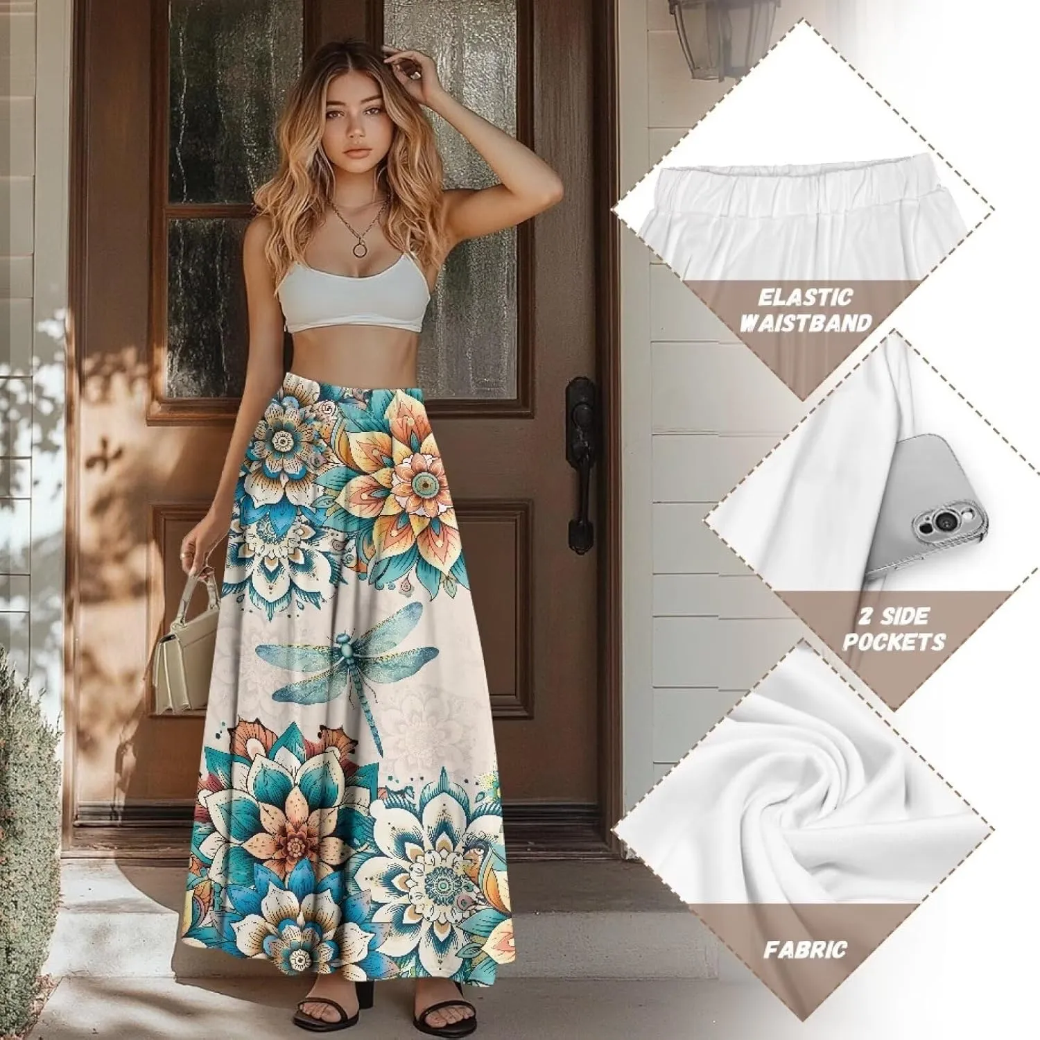 Women's Novelty Skirts Elastic High Waist Pleated A-Line Maxi Skirts Womens Flowy Long Skirts Plus Size S-XXL