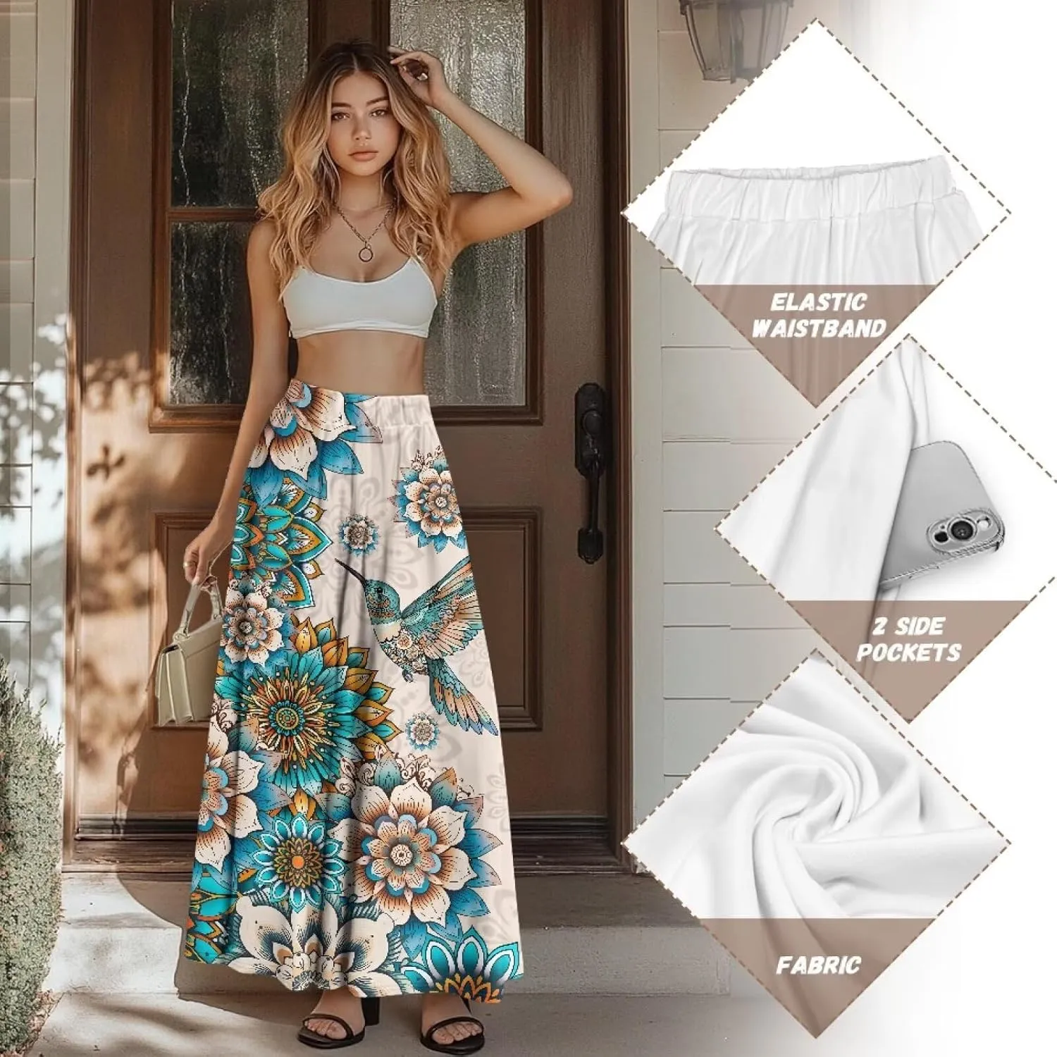 Women's Novelty Skirts Elastic High Waist Pleated A-Line Maxi Skirts Womens Flowy Long Skirts Plus Size S-XXL