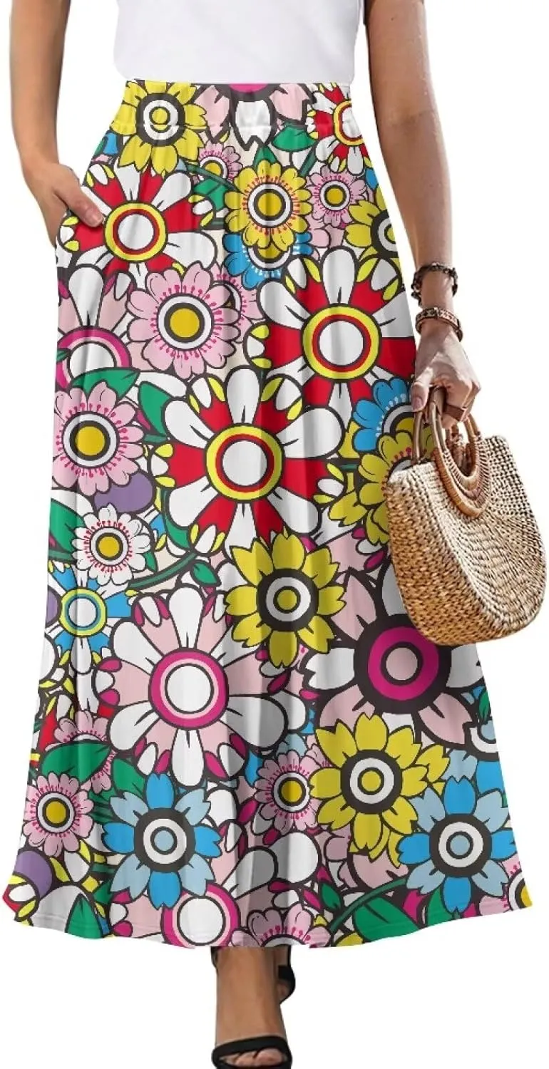 Women's Novelty Skirts Elastic High Waist Pleated A-Line Maxi Skirts Womens Flowy Long Skirts Plus Size S-XXL