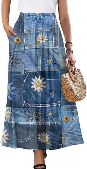 Women's Novelty Skirts Elastic High Waist Pleated A-Line Maxi Skirts Womens Flowy Long Skirts Plus Size S-XXL