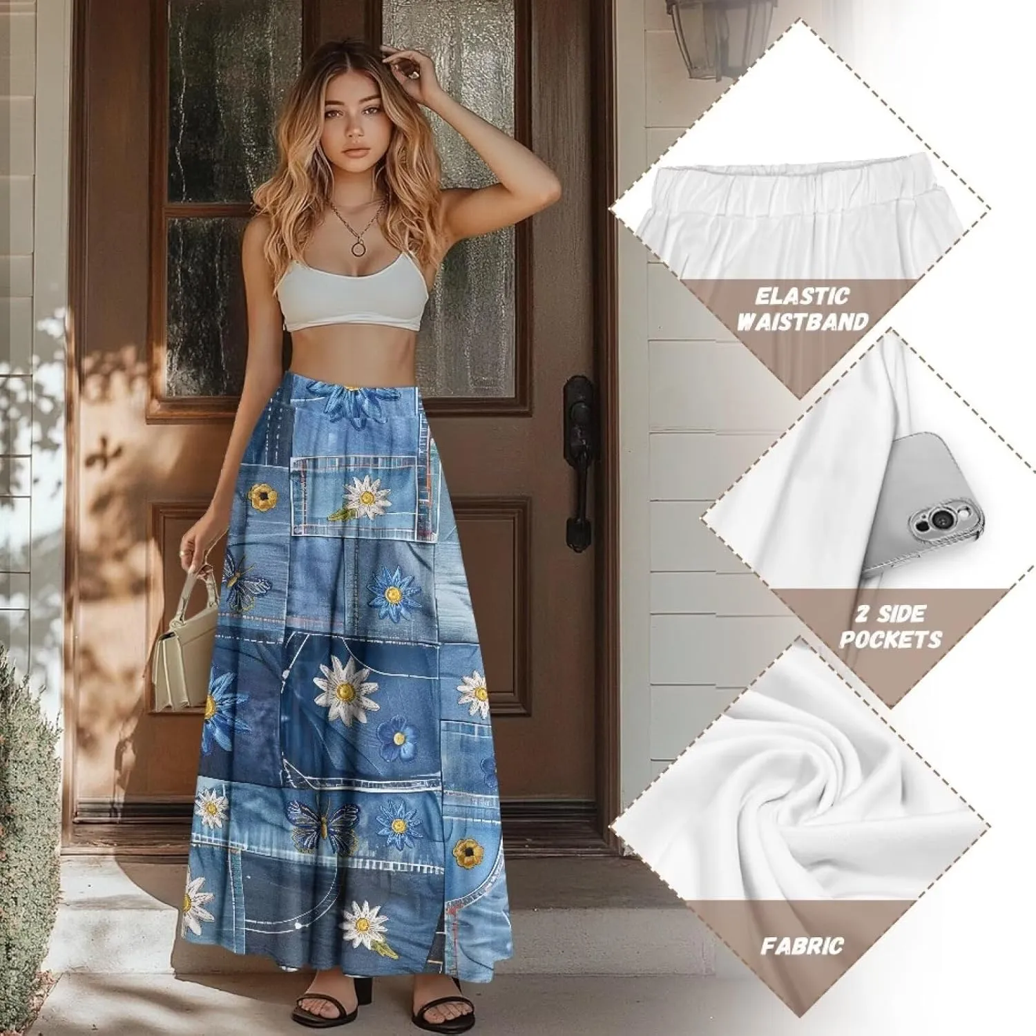 Women's Novelty Skirts Elastic High Waist Pleated A-Line Maxi Skirts Womens Flowy Long Skirts Plus Size S-XXL