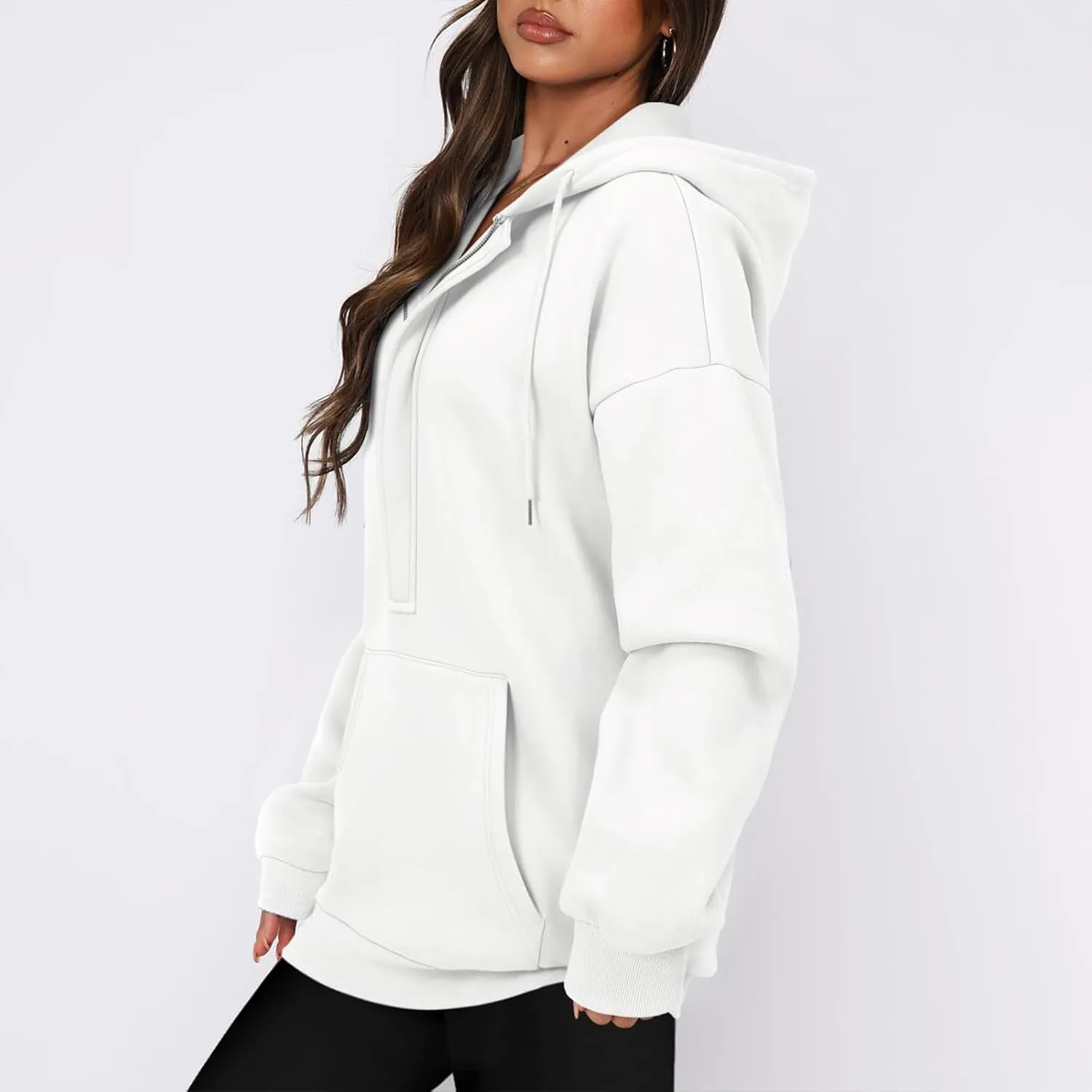 Womens Oversize Hoodies Basic Solid Sweatshirts Long Sleeve Half Zip Collar Drawstring Pullover with Kangaroo Pockets