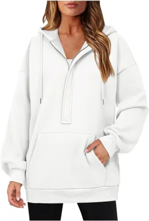 Womens Oversize Hoodies Basic Solid Sweatshirts Long Sleeve Half Zip Collar Drawstring Pullover with Kangaroo Pockets