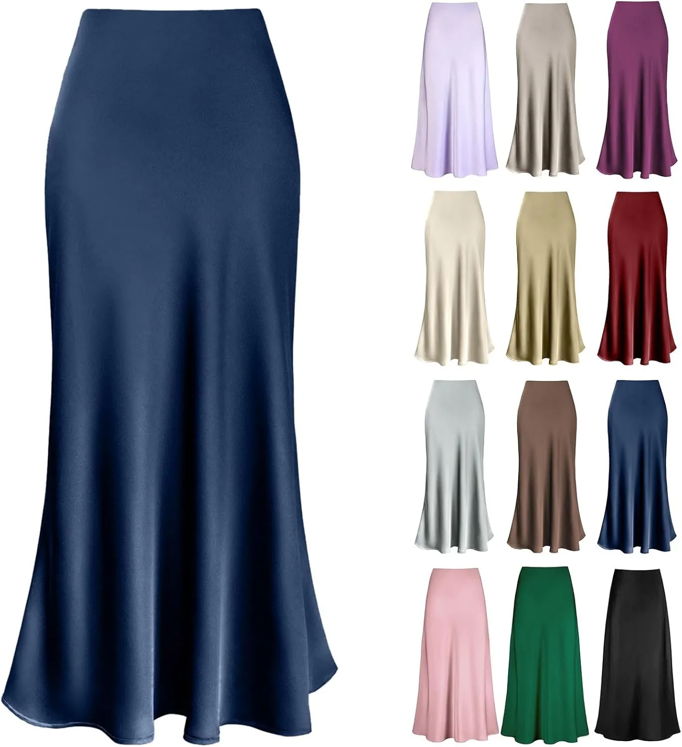 Women's Spring Summer Skirt 2024 Silk Elegant Ruffled Smooth High Waist Cocktail Party Wedding Mermaid Hem Satin Maxi Skirts