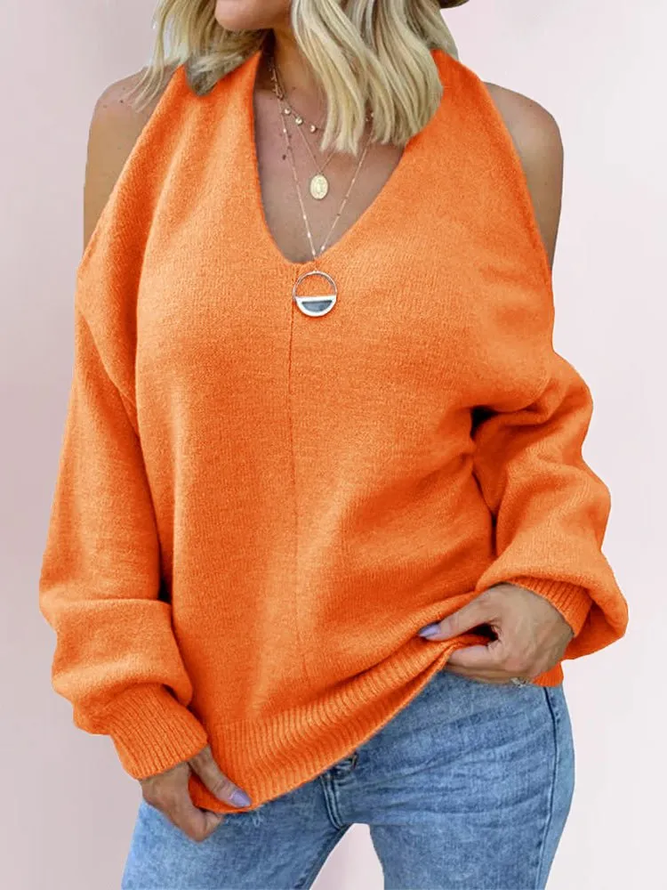 Women's Sweaters Solid V-Neck Off-Shoulder Knit Sweater