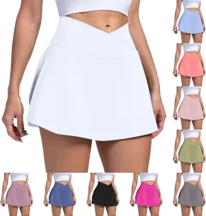 Womens Tennis Skirts with Shorts Cross Elastic High Waisted Tummy Control Golf Skort Gym Workout Skirts with Pocket