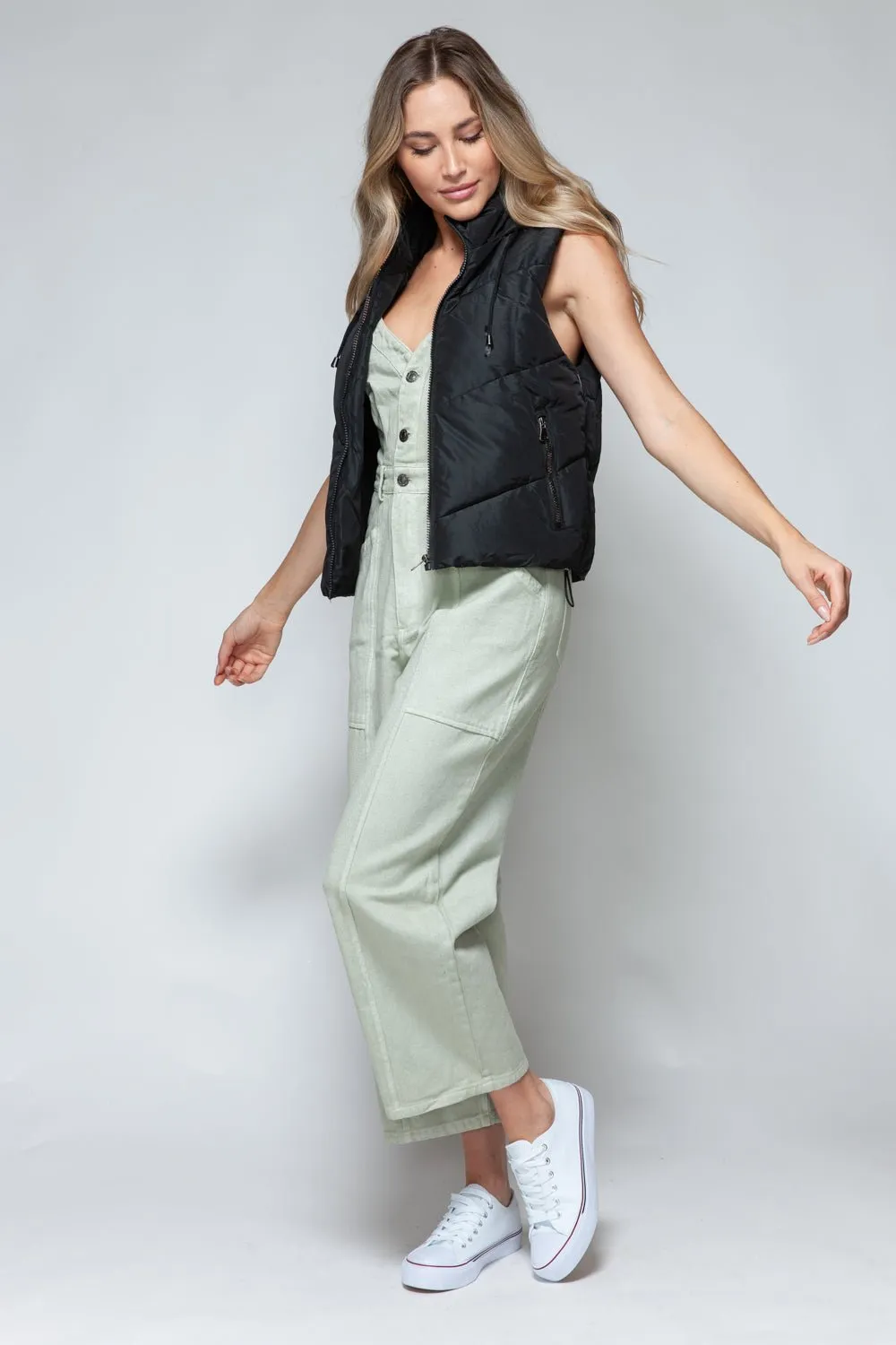 Zip Up Quilted Hooded Vest in Black