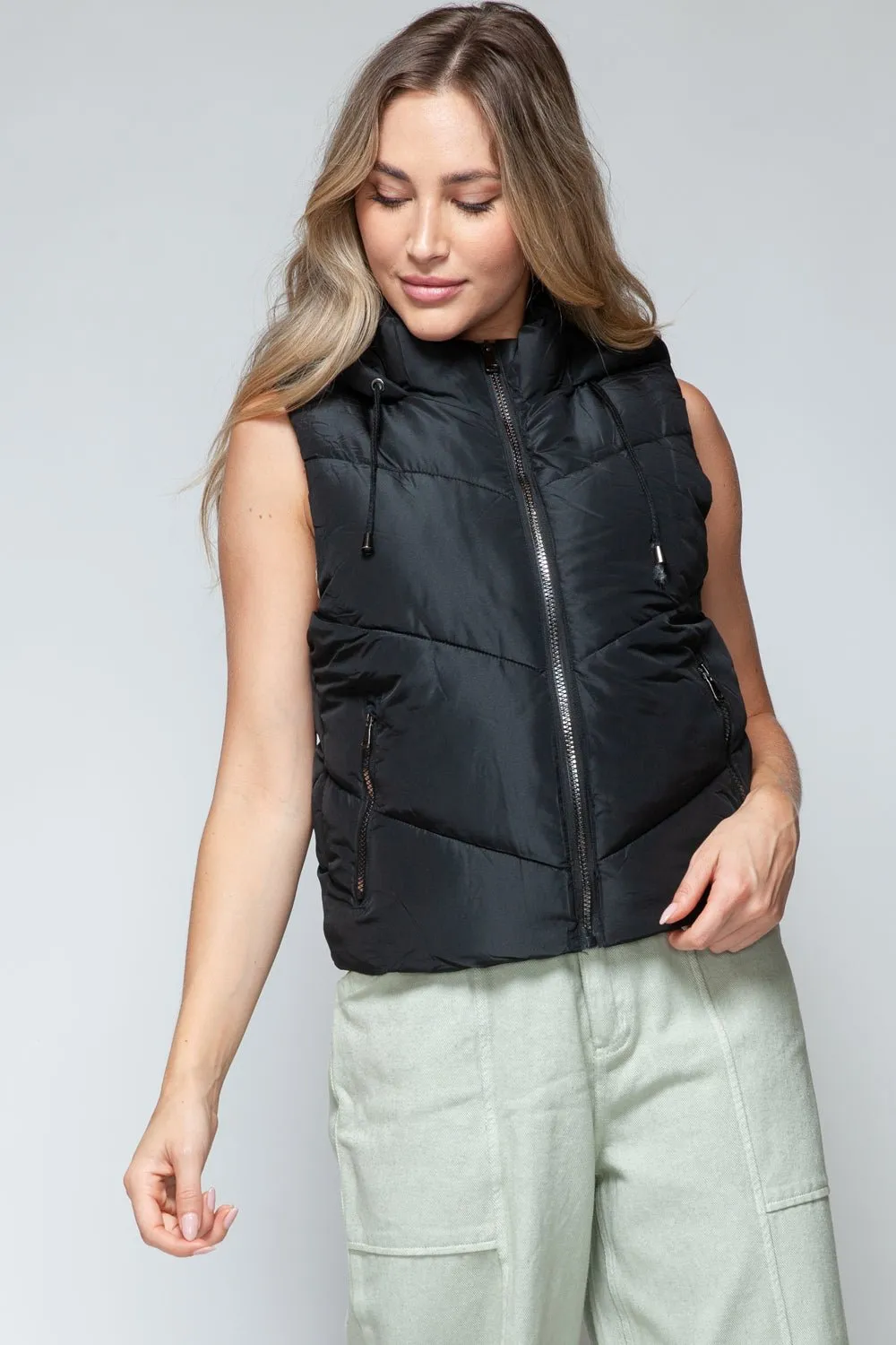 Zip Up Quilted Hooded Vest in Black