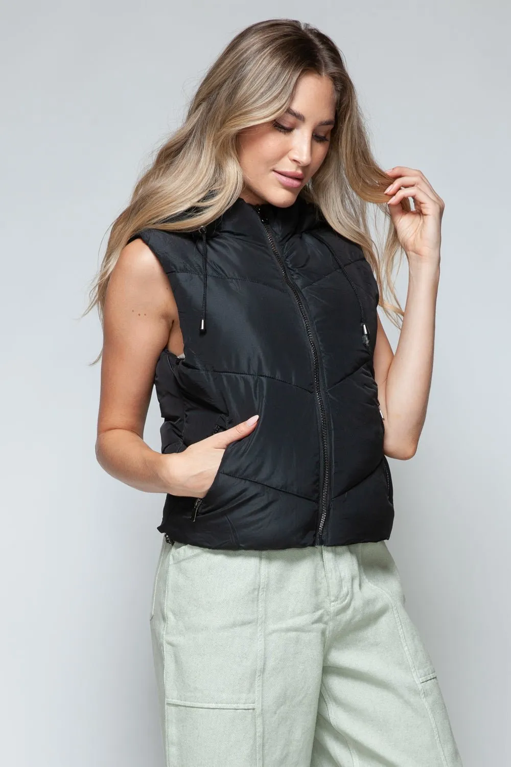 Zip Up Quilted Hooded Vest in Black